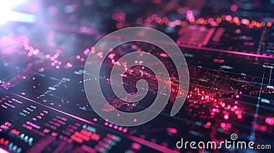 Visualization of a Digital Map and Data Metrics With Glowing Pink Elements in a Tech Focused Environment During the Stock Photo
