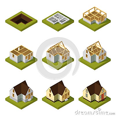 Visualization of modern building on different construction stages. Isometric vector illustration Vector Illustration