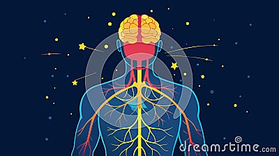 A visualization of the nervous system with sparks of energy flowing from the brain to every part of the body Vector Illustration