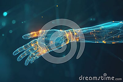 The visualization showcases a prosthetic arm responding to neural signals, highlighted by luminous lines linking the Stock Photo