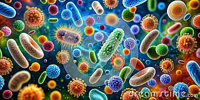 Visualization of various colored bacteria Bacterial colony Microbes Generative By AI Stock Photo