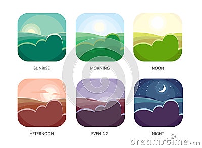 Visualization of various times of day. Morning, noon and night. Flat style vector illustrations Vector Illustration