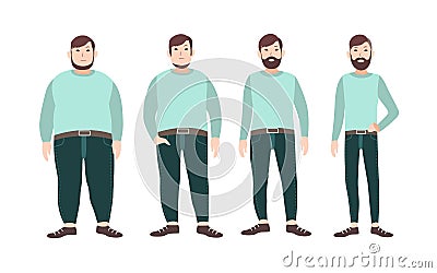 Visualization of weight loss stages of male cartoon character, from fat to slim. Concept of body changing through diet Vector Illustration