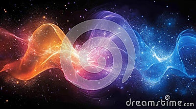 Visualizations of wave-particle duality in quantum mechanics showcasing vibrant colors and cosmic patterns Stock Photo