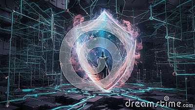 Visualize an abstract network protected by mystical digital shields, abstract surreal Stock Photo