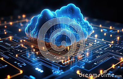 Visualize an advanced cloud computing network with a luminous ethereal cloud symbol interconnected with a futuristic Stock Photo