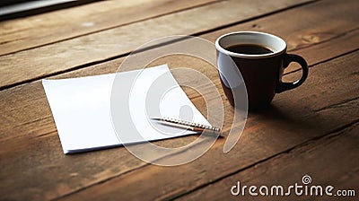 Blank notepad flat lay design with coffee cup on wooden table Stock Photo