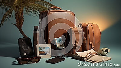 Visualize a composition of travel essentials a passport, a bag, and luggage, all arranged in an artistic yet realistic Stock Photo
