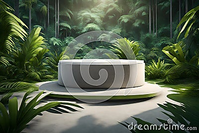 Visualize a 3D rendering of a sleek concrete platform pedestal set against the backdrop of a vibrant tropical forest Stock Photo