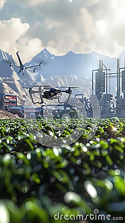 Visualize a dynamic scene where hightech drones and AIpowered machines collaborate to revolutionize farming practices against a Stock Photo