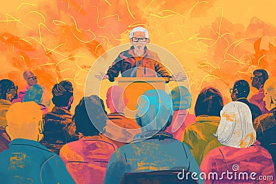 Visualize an elderly person actively engaging in a town hall meeting, their voice resonating, AI generated Stock Photo