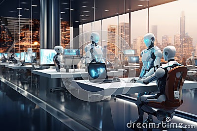 Visualize a futuristic office scene where robots are seated at a sleek desk, operating PCs, robots, tasks, such as Stock Photo
