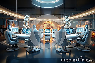 Visualize a futuristic office scene where robots are seated at a sleek desk, operating PCs, robots, tasks, such as Stock Photo