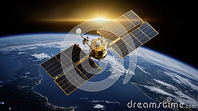 Showing advanced satellite images orbiting the Earth, encoding the signal Generative AI Illustration Stock Photo