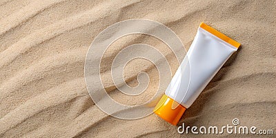 Blank tube of sunscreen in sand Stock Photo