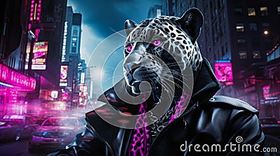 Visualize a sleek panther in a tailored jumpsuit, accentuated by metallic studs Stock Photo