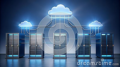Visualizing the Abstract Architecture of a Cloud Server Setup in a Modern Office Space Generative AI Cartoon Illustration
