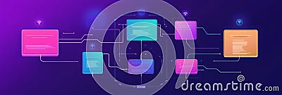 Visualizing Data Flow Sticky Note System on a Vibrant Neon Background for Process Mapping and Workflow Optimization Stock Photo