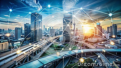 Visualizing Modern Urban Connectivity A Dynamic Illustration of Hub Network Connections and Data Flow Cartoon Illustration