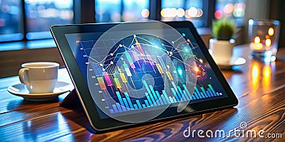 Visualizing Network Performance and Business Insights A Futuristic Data Analytics Dashboard on a Tablet Stock Photo