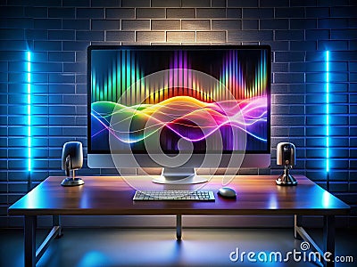 Visualizing Sound A Modern Music Production Studio Concept Featuring Dynamic Digital Waveforms on a Computer Monitor Stock Photo