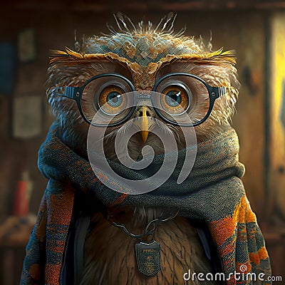 A visually appealing character portrait of an owl exuding wisdom and style, wearing glasses and a scarf Stock Photo