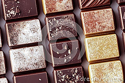 A visually appealing flatlay featuring square and rectangular pieces of chocolate or sweet candies arranged in a Stock Photo