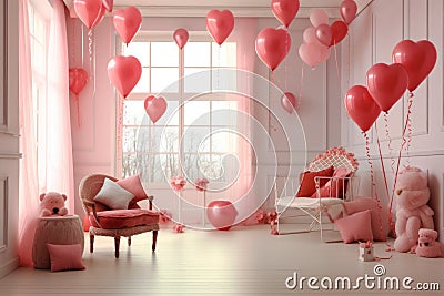 A visually appealing image displaying Valentine-themed decor, including heart-shaped balloons, garlands, and festive ornaments, Stock Photo
