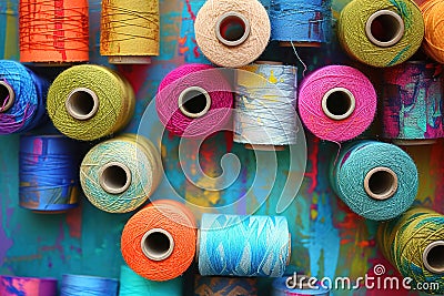 Visually appealing pattern using colorful thread spools, exploring patterns and textures Stock Photo