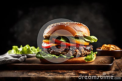 A visually appealing picture of a gourmet burger with a perfectly toasted brioche bun, lettuce, tomato, and a juicy patty Stock Photo