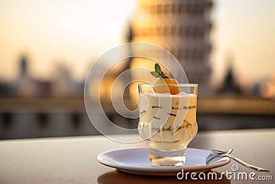 A visually appealing shot of a panna cotta dessert, with the historic Leaning Tower of Pisa gently out of focus in the backdrop. Stock Photo