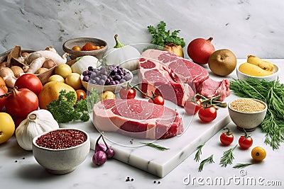 visually appetizing arrangement of various meats paired with assortment of fresh vegetables and fruits, serving as perfe Stock Photo