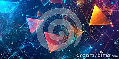 A visually captivating abstract background with dynamic, glowing triangular formations suspended in Stock Photo