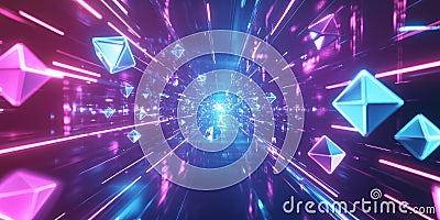 A visually captivating abstract background with softly glowing, floating neon polyhedrons Stock Photo