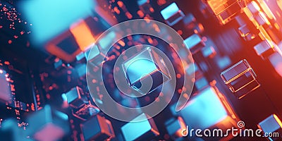 A visually captivating 3D abstract background showcasing floating metallic cubes, softly Stock Photo