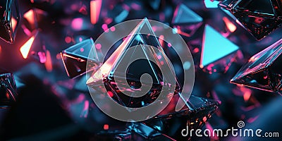 A visually captivating 3D abstract background showcasing floating metallic pyramids glowing with Stock Photo