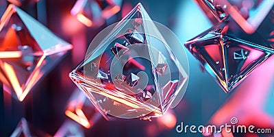A visually captivating 3D abstract background showcasing floating metallic pyramids with Stock Photo