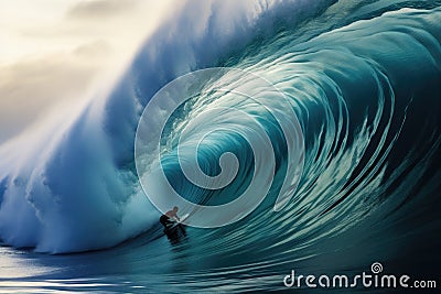 A visually captivating photo captures the exhilaration as a man skillfully rides a massive wave on top of his surfboard, Surfer on Stock Photo