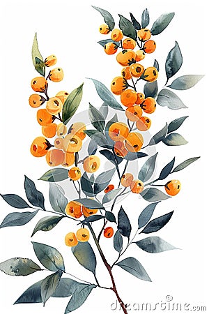 a visually captivating watercolor illustration of a seabuckthorn plant with clear lines Cartoon Illustration