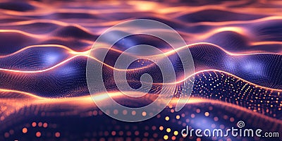 A visually dynamic abstract background with undulating metallic waves, infused with glowing neon Stock Photo