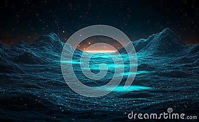 A visually dynamic abstract wave of moving dots and lines, showcasing the flow of particles and cyber technology Stock Photo