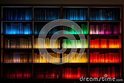 Visually striking arrangement of books organized by color on a bookshelf. Generative AI Stock Photo