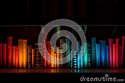 Visually striking arrangement of books organized by color on a bookshelf. Generative AI Stock Photo