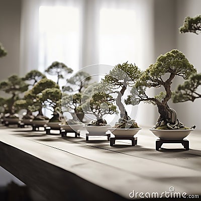 several bonsai trees on a simple white table Stock Photo