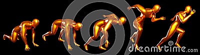 3d run bronze stickman figure. Body postures from start to run. With a slightly sideways view Stock Photo