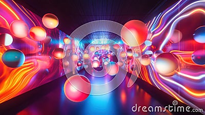 Visually striking light show featuring neon patterns and floating orbs in a dark room, creating a dynamic and Stock Photo