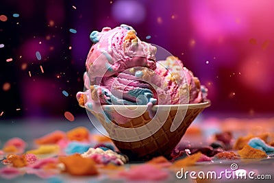 A visually stunning image showcasing a scoop of ice cream gently melting over a perfectly styled dessert, creating a mouthwatering Stock Photo