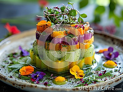 A vegetable terrine, layered with vibrant hues and accented with microgreens and edible flowers. Generative AI Stock Photo