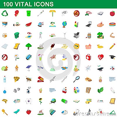 100 vital icons set, cartoon style Vector Illustration