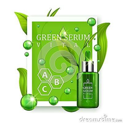 Vital serum dropper bottle decorated with green leaves on white background. Skin care vitamin formula treatment design Vector Illustration